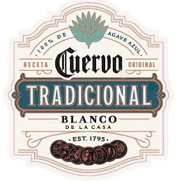 .100% DE AGAVE AZUL. RECETA CUERVO ORIGINAL TRADICIONAL BLANCO DE LA CASA .EST. 1795. logo