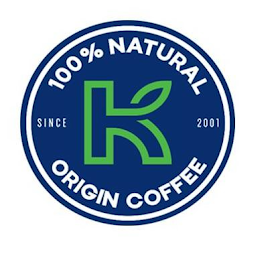 100% NATURAL SINCE 2001 K ORIGIN COFFEE logo