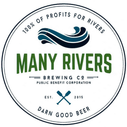 100% OF PROFITS FOR RIVERS MANY RIVERS BREWING CO PUBLIC BENEFIT CORPORATION EST 2015 DARN GOOD BEER logo