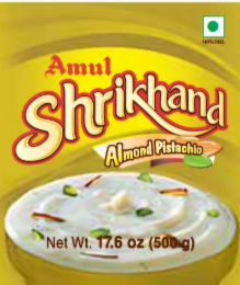 100% VEG AMUL SHRIKHAND ALMOND PISTACHIO NET WT. 17.6 OZ (500 G) logo