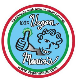100% VEGAN MARIO'S HANDMADE WITH LOVE IN SMALL BATCHES WWW.VEGANMARIO.COM logo