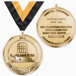 1300 LUMINARY AWARD 2019 SILHOUETTE OF MEN HOLDING I AM A MAN SIGNS IMAGE OF CHURCH STAINED GLASS WINDOW MEMPHIS, TENNESSEE 1300 SANITATION WORKERS TOOK A STAND FOR BASIC CIVIL RIGHTS... DESIGNED BY JASON A. FARMER logo