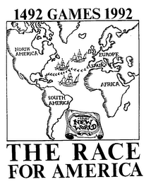 1492 GAMES 1992 THE RACE FOR AMERICA NORTH AMERICA EUROPE SPAIN AFRICA SOUTH AMERICA THE NEW WORLD logo