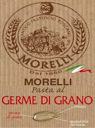 1860 ANTICO PASTIFICIO TOSCANO MORELLI DAL 1860 MORELLI PASTA AL GERME DI GRANO CRUSCA MANDORLA FARINOSA GERME DI GRANO logo