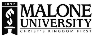 1892 MALONE UNIVERSITY CHRIST'S KINGDOM FIRST logo