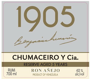 1905 BENJAMINCHUMACEIRO CHUMACEIRO Y CIA. RESERVE AGED 5 YEARS RUM  RON AÑEJO PRODUCT OF VENEZUELA logo