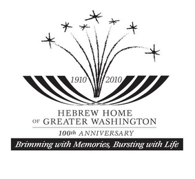 1910 2010 HEBREW HOME OF GREATER WASHINGTON 100TH ANNIVERSARY BRIMMING WITH MEMORIES, BURSTING WITH LIFE logo