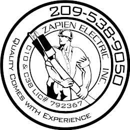 209-538-9050 ZAPIEN ELECTRIC INC. C10 & C38 LIC# 792367 QUALITY COMES WITH EXPERIENCE logo