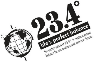23.4° LIFE'S PERFECT BALANCE THE EARTH'S AXIS IS AT 23.4°.   IT CREATES A PERFECT BALANCE FOR OUR ENVIRONMENT AND OUR CLIMATE. logo