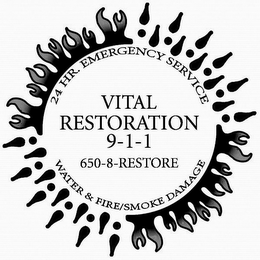 24 HR. EMERGENCY SERVICE WATER & FIRE/SMOKE DAMAGE VITAL RESTORATION 9-1-1 650-8-RESTORE logo