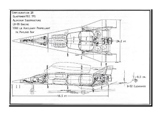 24.2 FT 48.5 FT CONFIGURATION 19 ELASTOMER/RSI TPS ALUMINUM SUBSTRUCTURE LR-99 ENGINE 5300 LB AUXILIARY PROPELLANT IN PAYLOAD BAY 9.5 IN B-52 CLEARANCE logo