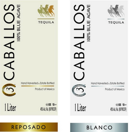 3 CABALLOS 100% BLUE AGAVE TEQUIA 1 LITER REPOSADO BLANCO logo
