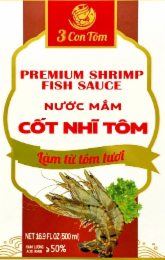 3 CON TOM PREMIUM SHRIMP FISH SAUCE NUOC MAM COT NHI TOM LAM TU TOM TUOI NET 16.9 FL OZ (500 ML) HAM LUONG ACID AMIN ) 50% logo