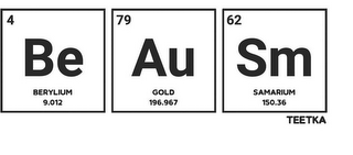 4 79 62 BE AU SM BERYLIUM GOLD SAMARIUM9.012 196.967 150.36 TEETKA logo