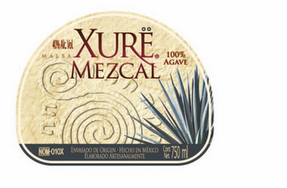 40% ALC. MALBA XURE MEZCAL 100% AGAVE NOM-010X ENVASADO ORIGEN - HECHO MÉXICO ELABORADO ARTESANALMENTE CONT NET 750ML logo