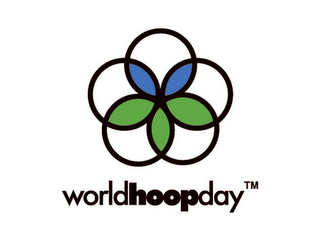 5 CIRCLE FLOWER WITH CLEAR OR WHITE, BLUE AND GREEN PETALS; WORLD HOOP DAY logo