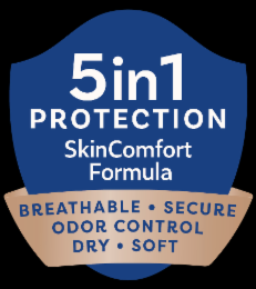5 IN 1 PROTECTION SKINCOMFORT FORMULA BREATHABLE · SECURE ODOR CONTROL DRY · SOFT logo