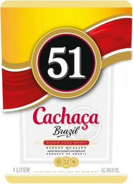 51 CACHAÇA BRAZIL, INDÚSTRIAS MULLER DE BEBIDAS LTDA, THE NO. 1 CACHAÇA FROM BRAZIL, SUGAR CANE SPIRIT FINEST QUALITY MADE FROM SUGAR CANE DISTILLATE PRODUCT OF BRAZIL, THE NO. 1 CACHAÇA FROM BRAZIL 51, 1 LITER, COMPANHIA MÜLLER DE BEBIDAS, ALC. 40% BY VOL. logo