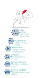 6 IONS IONS ALLOW ELECTROLYTE ABSORPTION. MG MAGNESIUM *HELPS AVOIDING CRAMPS. K POTASSIUM *HELPS AVOIDING MUSCLE SPASM. CA CALCIUM *HELPS METABOLIC PROCESS. SODIUM GLUCOSE SODIUM-GLUCOSE *FACILITATES HYDRATION PROCESS. SODIUM LACTATE SODIUM LACTATE *HELPS TO PREVENT ACID BUILDUP. logo