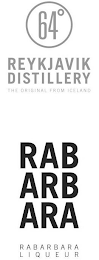 64 REYKJAVIK DISTILLERY THE ORIGINAL FROM ICELAND RAB ARB ARA RABARBARA LIQUEUR logo