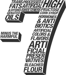 -7 MINUS THE HARMFUL 7 TRANS FATS & HYDROGENATED OILS PROCESSED & ARTIFICIAL SWEETENERS HIGH FRUCTOSE CORN SYRUP HORMONES & ANTIBIOTICS ARTIFICIAL COLORS & FLAVORS ARTIFICIAL PRESERVATIVES BLEACHED FLOUR logo