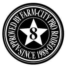 8 APPROVED BY FARM-CITY PRO RODEO · SINCE 1988 · logo