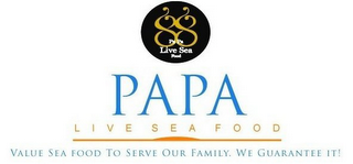 88 PAPA LIVE SEA FOOD PAPA LIVE SEA FOOD VALUE SEA FOOD TO SERVE OUR FAMILY. WE GUARANTEE IT! logo