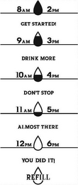 8AM 2PM GET STARTED! 9AM 3PM DRINK MORE 10AM 4 PM DON'T STOP 11AM 5 PM ALMOST THERE 12PM 6PM YOU DID IT! REFILL logo