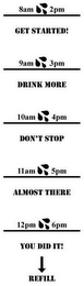 8AM 2PM GET STARTED! 9AM 3PM DRINK MORE 10AM 4 PM DON'T STOP 11AM 5 PM ALMOST THERE 12PM 6PM YOU DID IT! REFILL logo
