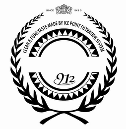 912 CLEAN & PURE TASTE MADE BY ICE POINT FILTRATION SYSTEM SINCE 1933 logo