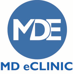 A BLUE CIRCLE CONTAINING THE STYLIZED WHITE LETTERS "MDE". BELOW THE CIRCLE IS THE BLUE WORDING "MD ECLINIC". logo