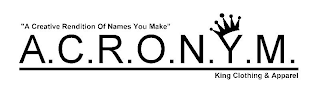 "A CREATIVE RENDITION OF NAMES YOU MAKE" A.C.R.O.N.Y.M. KING CLOTHING & APPAREL logo