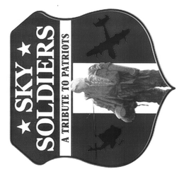 A CREST WITH THE WORDS "SKY SOLDIERS A TRIBUTE TO PATRIOTS" ON THE TOP PORTION WITH IMAGES OF A HELICOPTER, SOLDIER STATUE, AND FIXED-WING AIRCRAFT ON THE LOWER PORTION. logo