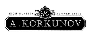 A. KORKUNOV HIGH QUALITY K REFINED TASTE logo