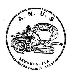 A. N. U. S. AMERICAN NATIONAL UNIMOTORCYCLISTS SOCIETY SAMSULA-FLA logo
