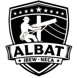 A SHIELD CONTAINING A SILHOUETTE OF A LINEMAN ON A UTILITY POLE, POSITIONED BELOW A BAND OF NINE STARS. BELOW THE SHIELD IS A LARGE BANNER WITH THE WORDING "ALBAT" ABOVE A SMALLER BANNER CONTAINING A STAR, THE WORDING "IBEW", A DOT, THE WORDING "NECA", AND ANOTHER STAR. logo