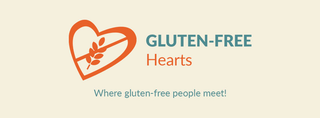 A STYLIZED HEART CONTAINING A STALK OF WHEAT CROSSED BY A DIAGONAL LINE. WITH THE WORDING, GLUTEN-FREE HEARTS (GF HEARTS), WHERE GLUTEN-FREE PEOPLE MEET! logo