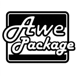 A STYLIZED LOGO FOR "AWE PACKAGE" CONTAINED WITHIN A ROUNDED RECTANGULAR BORDER. BOTH WORDS FEATURE A THICK OUTLINE, WHICH CREATES A "STICKER" OR 3D EFFECT, MAKING THE TEXT POP AGAINST THE BACKGROUND logo