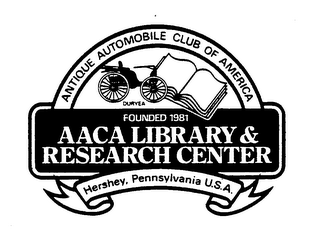AACA LIBRARY & RESEARCH CENTER ANTIQUE AUTOMOBILE CLUB OF AMERICA HERSHEY, PENNSYLVANIA U.S.A. FOUNDED 1981 DURYEA logo