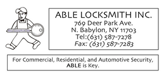 ABLE LOCKSMITH INC. 769 DEER PARK AVE. N. BABYLON, NY 11703 TEL: (631) 587-7278 FAX: (631)587-7283 FOR COMMERCIAL, RESIDENTIAL, AND AUTOMOTIVE SECURITY, ABLE IS KEY ABLE LOCKSMITH INC. EST. 1968 WWW.ABLELOCK.COM logo