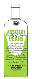 ABSOLUT COUNTRY OF SWEDEN ABSOLUT PEARS COUNTRY OF SWEDEN THIS SUPERB VODKA WAS DISTILLED FROM GRAIN GROWN IN THE RICH FIELDS OF SOUTHERN SWEDEN. IT HAS BEEN PRODUCED AT THE FAMOUS OLD DISTILLERIES NEAR AHUS IN ACCORDANCE WITH MORE THAN 400 YEARS OF SWEDISH TRADITION. VODKA HAS BEEN SOLD UNDER THE NAME ABSOLUT SINCE 1879. 40% ALC./VOL. (80 PROOF) 750ML IMPORTED PEAR FLAVORD VODKA PRODUCTED AND BOTTLED IN AHUS, SWEDEN V&S. VIN&SPRIT AB (PUBL) logo