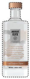 ABSOLUT COUNTRY OF SWEDEN ELYX ALWAYS PRODUCED & BOTTLED IN AHUS SWEDEN THE SILKY TEXTURE AND ELEGANT TASTE OF THIS OUTSTANDING VODKA IS THE RESULT OF SWEDISH CRAFTSMANSHIP HAND SELECTED GRAINS AND IDEAL AMOUNTS OF COPPER FOR CATALYZATION IN DISTILLATION. ABSOLUT ELYX IS MADE IN LIMITED QUANTITIES IN OUR AUTHENTIC COPPER DISTILLERY DATING FROM 1929. COPPER CATALYZATION PERFECTED IMPORTED SWEDISH VODKA logo