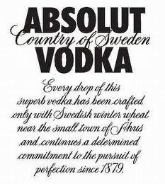 ABSOLUT COUNTRY OF SWEDEN VODKA EVERY DROP OF THIS SUPERB VODKA HAS BEEN CRAFTED ONLY WITH SWEDISH WINTER WHEAT NEAR THE SMALL TOWN OF AHUS AND CONTINUES A DETERMINED COMMITMENT TO THE PURSUIT OF PERFECTION SINCE 1879. logo