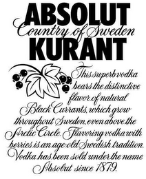ABSOLUT KURANT COUNTRY OF SWEDEN THIS SUPERB VODKA BEARS THE DISTINCTIVE FLAVORS OF NATURAL BLACK CURRANTS, WHICH GROW THROUGHOUT SWEDEN, EVEN ABOVE THE ARCTIC CIRCLE. FLAVORING VODKA WITH BERRIES IS AN AGE-OLD SWEDISH TRADITION. VODKA HAS BEEN SOLD UNDER THE NAME ABSOLUT SINCE 1879 logo