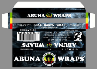 ABUNA WRAPS REAL RASTA WRAP WWW.ABUNAWRAPS.COM REFINED UNBLEACHED PREMIUM HEMP 100% ALL NATURAL SLOW BURN KING SLIM NATURAL HEMP GUM  ABUNA WRAPS REAL RASTA WRAP THE ABUNA IS THE OFFICIAL LIAISON FOR THE RASTAFARI WORLDWIDE.  ABUNA WRAPS ARE BLESSED FOR THE HEALING OF THE NATIONS. 32 LEAVES PER PACK HIM KING SLIM ABUNA WRAPS HEALING OF THE NATION JAH RASTAFARI logo