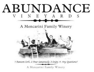 ABUNDANCE VINEYARDS A MENCARINI FAMILY WINERY 1-REMOVE CORK. 2- POUR GENEROUSLY. 3-ENJOY. 4- ANY QUESTIONS? A MENCARINI FAMILY WINERY logo