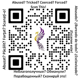 ABUSED TRICKED FORCED, SCAN HERE - WRITTEN IN ENGLISH, RUSSIAN, ROMANIAN AND SPANISH logo