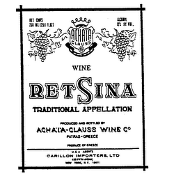 ACHAIA CLAUSS 1861 WINE RETSINA TRADITIONAL APPELLATION PRODUCED AND BOTTLED BY ACHAIA-CLAUSS WINE CO PATRAS-GREECE PRODUCE OF GREECE logo