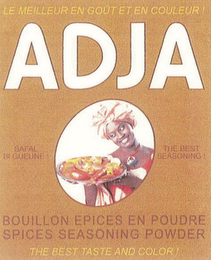 ADJA LE MEILLEUR EN GOUT ET EN COULEUR! SAFAL BI GUEUNE! THE BEST SEASONING! BOUILLON EPICES EN POUDRE SPICES SEASONING POWDER THE BEST TASTE AND COLOR! logo