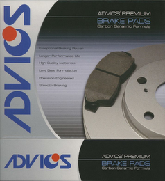 ADVICS ADVICS PREMIUM BRAKE PADS CARBON CERAMIC FORMULA EXCEPTIONAL BRAKING POWER LONGER PERFORMANCE LIFE HIGH QUALITY MATERIALS LOW DUST FORMULATION PRECISION ENGINEERED SMOOTH BRAKING logo